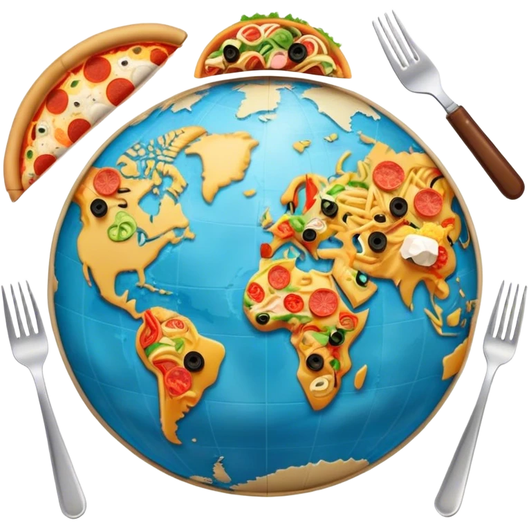 Icon for Gastronomic Tourism: a globe with various cuisines from around the world, such as pizza, sushi, tacos, and pasta, surrounded by food-related travel elements like a fork, knife, and map. Transparent background. emoji