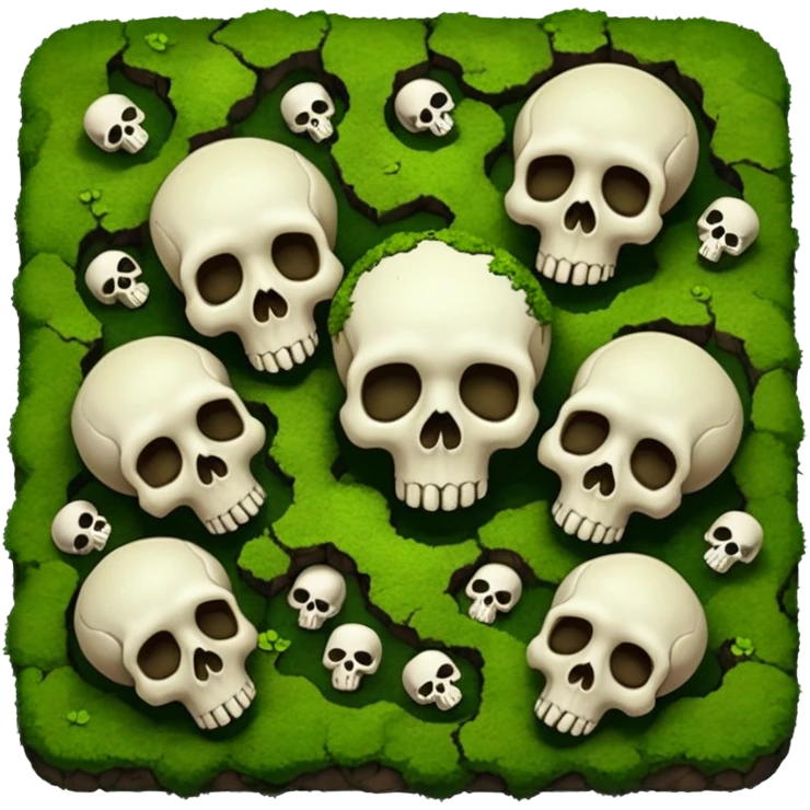 A creepy moss covered ground with skulls from a top down perspective. In the style of your bleeding skull art. emoji