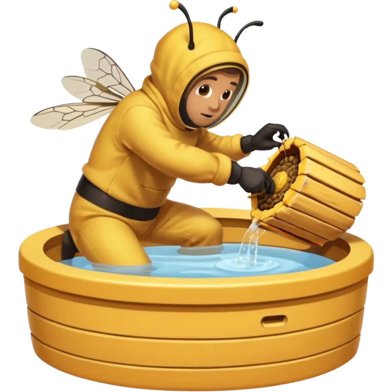 Man removing beehive from hot tub with bee had on emoji
