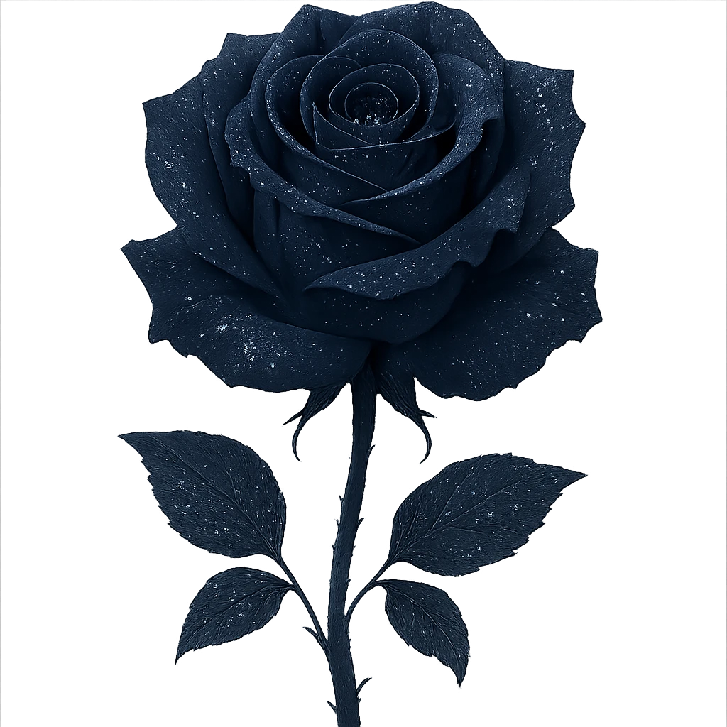 a midnight rose in dark indigo, shimmering with silver flecks and a mysterious, elegant aura emoji