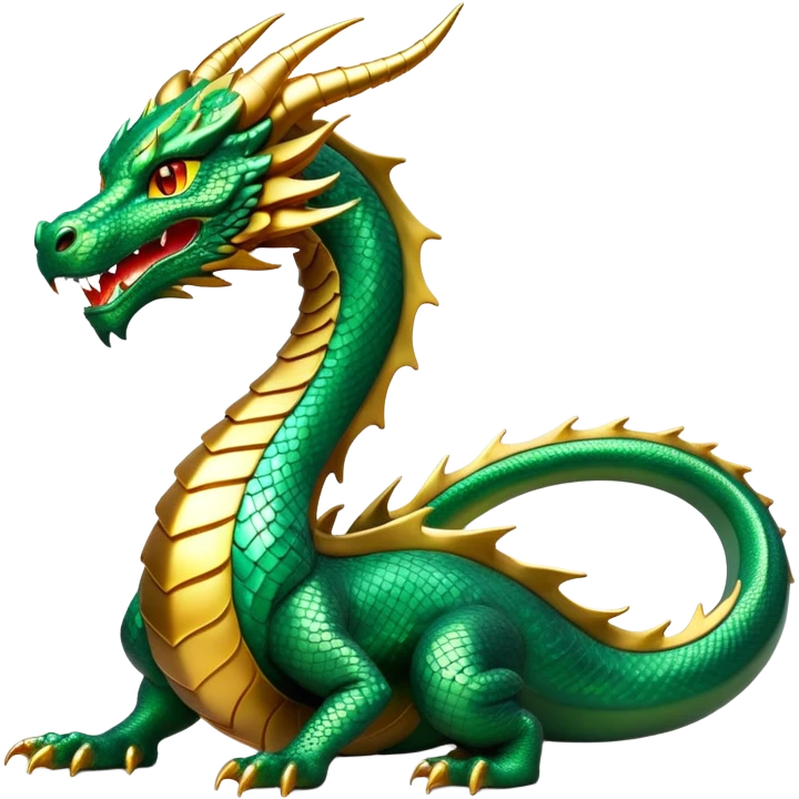 cinematic-noble-dragon-full body-emoji,-poised-and-majestic,-with-a-sinuous,-elongated-build-and-shimmering,-scale-covered-skin-in-hues-of-emerald-and-gold,-piercing,-fiery-eyes,-simplified-yet-sharp-and-sophisticated-features,-highly-detailed, zoomed out showing the serpentine body emoji