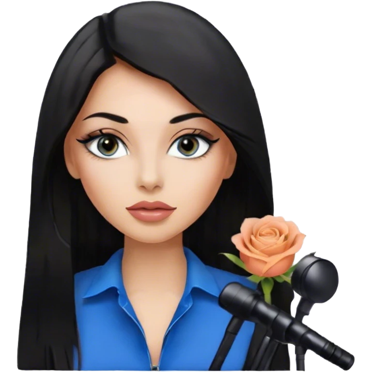Glamours, tanned, very beautiful girl, with big pump peach-beige-rose lips, eyeliner, long lashes, black straight smooth silky long hair, straight parting hair, blue-grey eyes in black clothes for working profile emoji