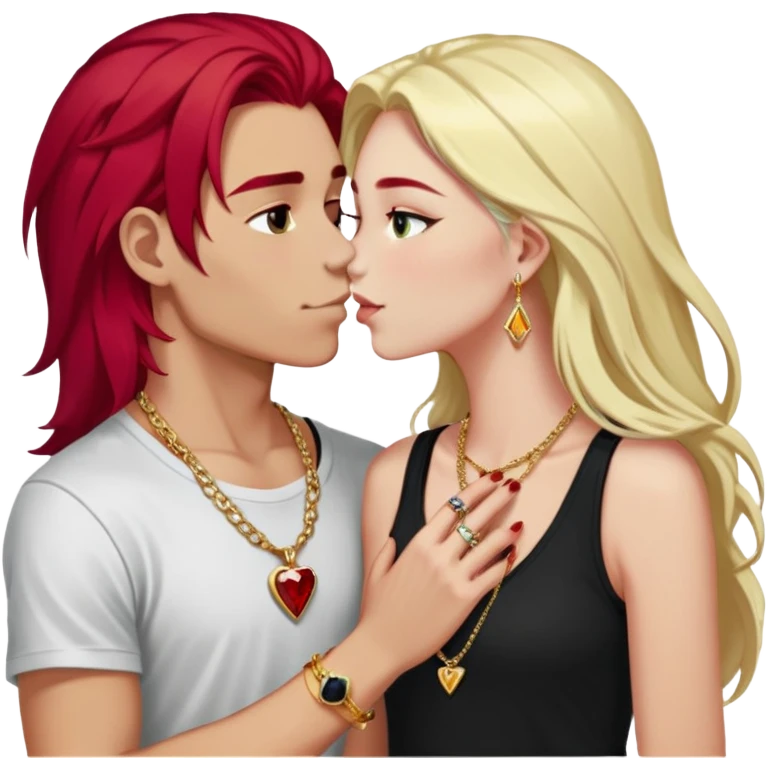 young 20 year old couple kissing, girl with long cherry red hair and dark blonde eyebrows wearing gold necklace with letter A, diamond gold ring, red bracelet and light clothes, boy with bright white hair wearing dark t-shirt and silver ring with black stone emoji