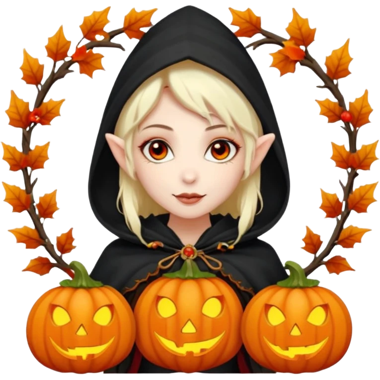 female elf vampire emoji, pale skin, red eyes, elegant face, autumn leaf and pumpkin wreath on head, black hooded cloak with cobweb details, holding small glowing pumpkin lantern, Halloween fantasy theme, Apple emoji style, clean white background, square emoji