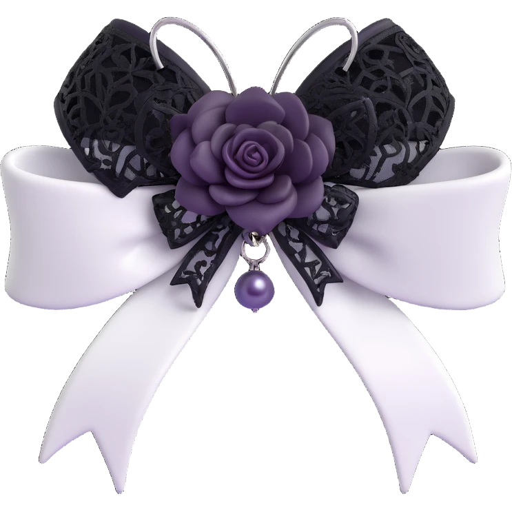 3D emoji gothic bow, white leather, silver spider brooch, black rose center, black lace trim, dark pearl details emoji