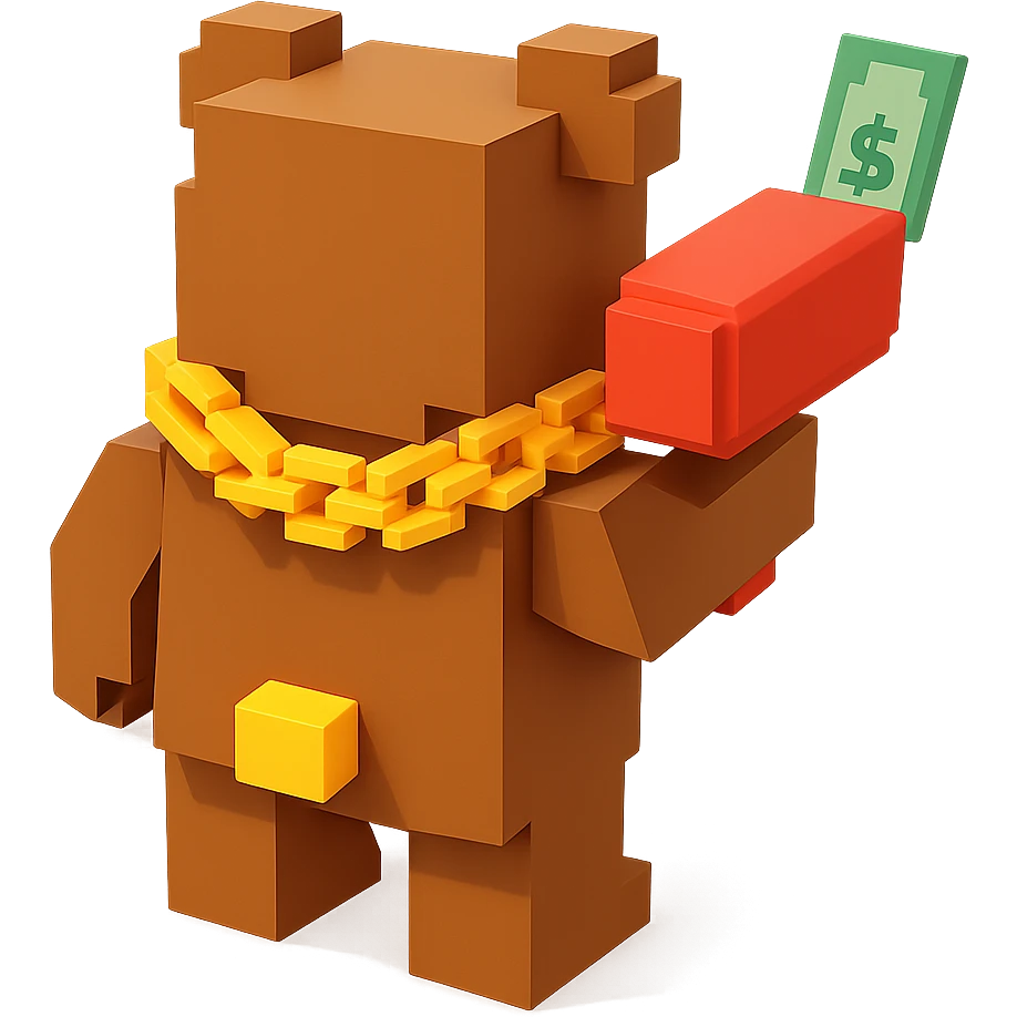 A grizzly bear with a chain and a money gun, facing backward emoji