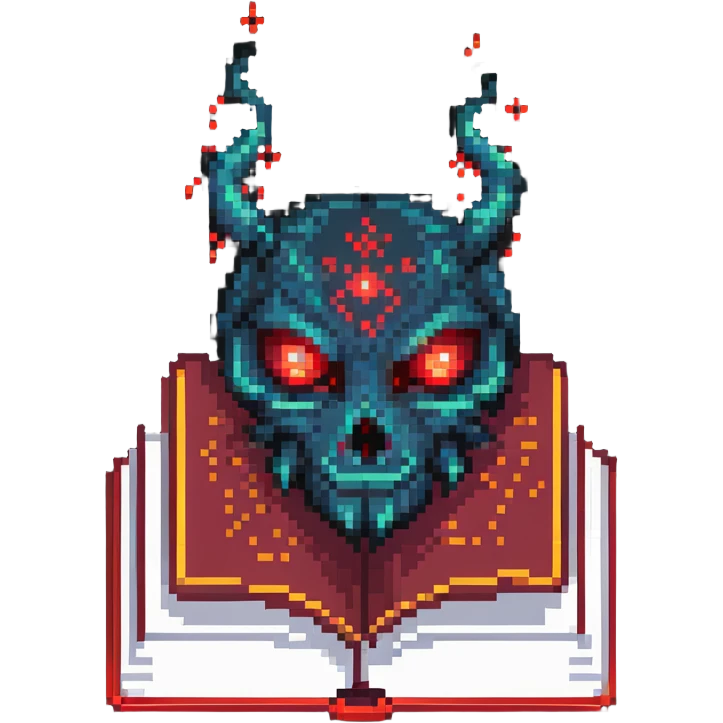 red book with glowing eyes and dark aura in pixel art style emoji