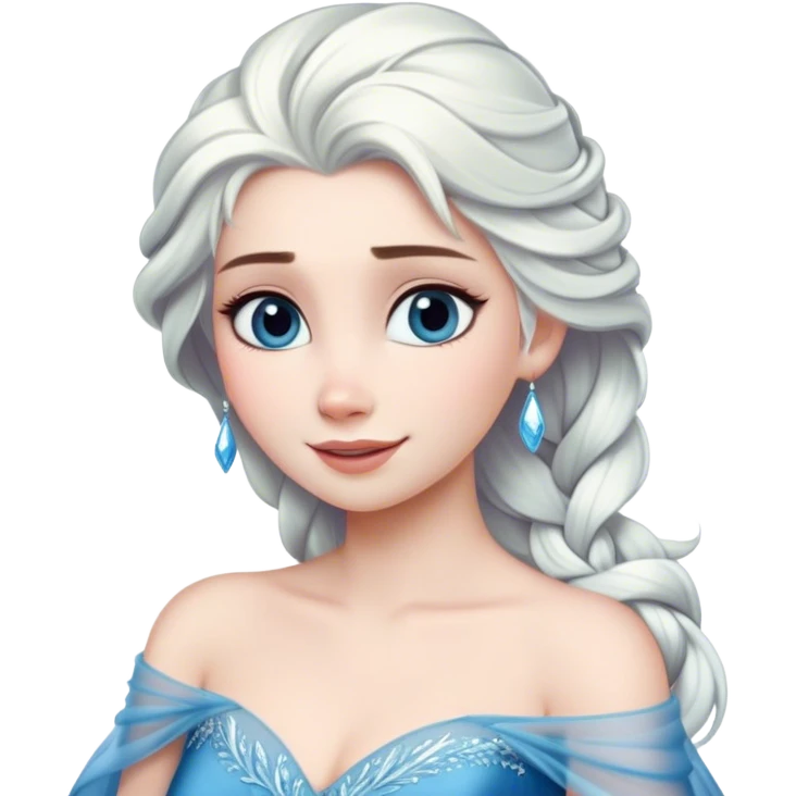 Cinematic Radiant Snow Queen Portrait Emoji, rendered in a realistic, vector style with clean proportions. Show Elsa with a gentle, confident smile, icy pale skin, and luxuriously styled platinum hair, her expression calm and regal. The image glows with a soft, enchanting icy luminescence, high shine, and is accented by a soft glowing outline that enhances her ethereal beauty. emoji