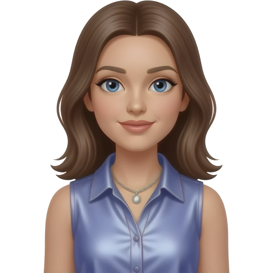 Koby from Bratz with blue eyes, medium brown hair, periwinkle metallic sleeveless shirt, silver necklace emoji