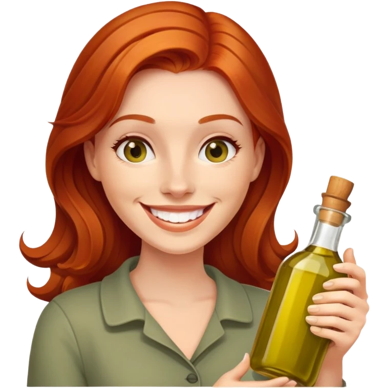 redhead woman with big smile holding olive oil bottle emoji