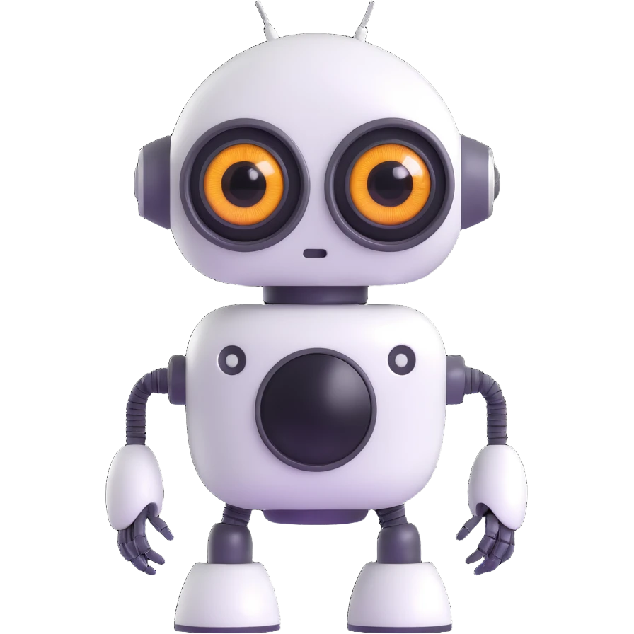 Friendly robot with big expressive eyes — round head, glossy finish, slightly clumsy but charming (think Wall-E meets Baymax). emoji