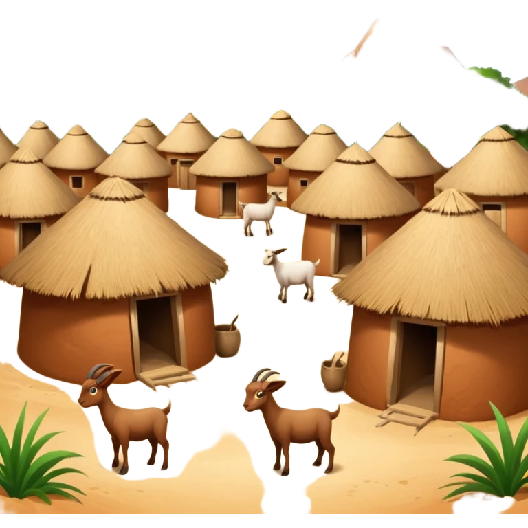 afrikanisches Lehmhüttendorf mit Gras und Ziegen emoji