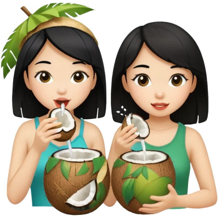 Two girls drinking out of a coconut one is Asian with black hair the other is white with blonde hair  emoji