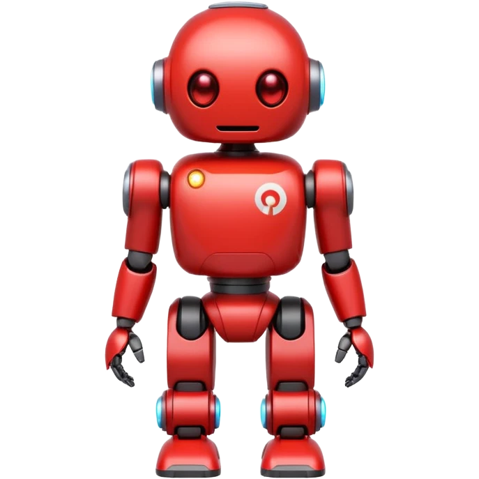 futuristic cute red robot with a prominent white play button on chest, rounded body, glowing eyes, small arms and legs, friendly and helpful, flat emoji-like design emoji