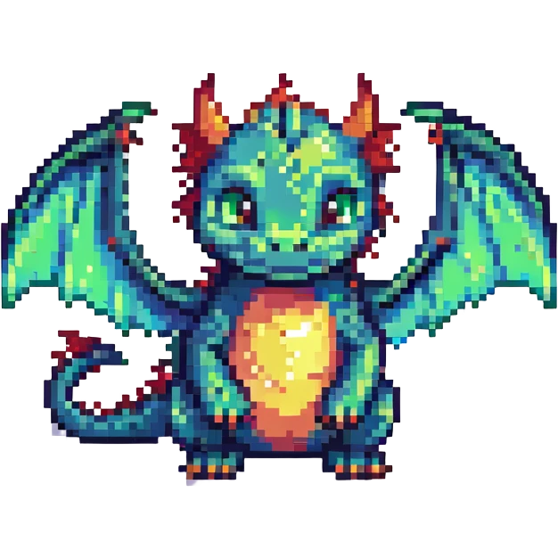 pixel art dragon, tiny wings, playful expression emoji