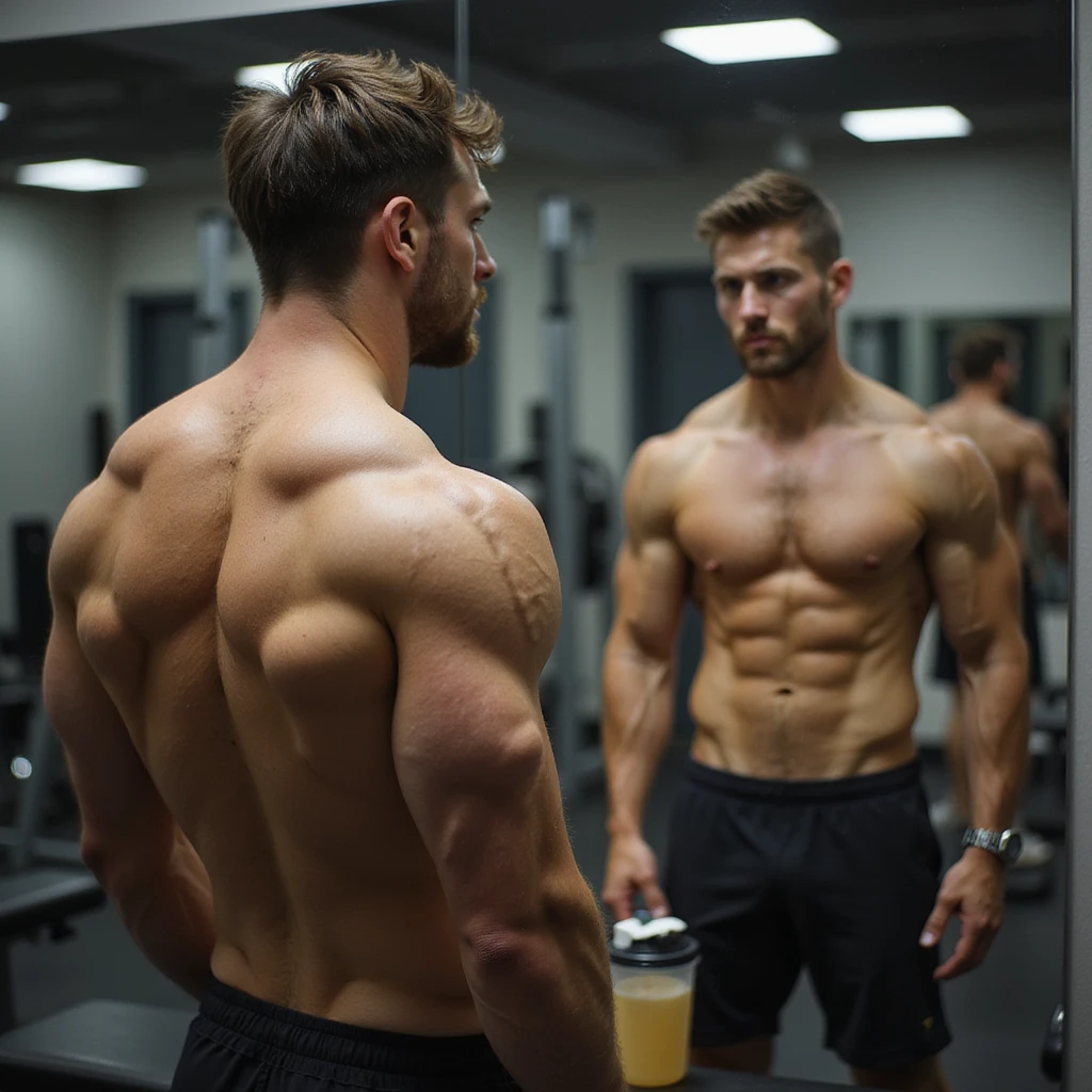 realistic male bodybuilder in definition phase, shirtless in front of mirror, observing reflection with doubtful expression, less full muscles, visible veins, gym with soft lighting, protein shaker on bench emoji