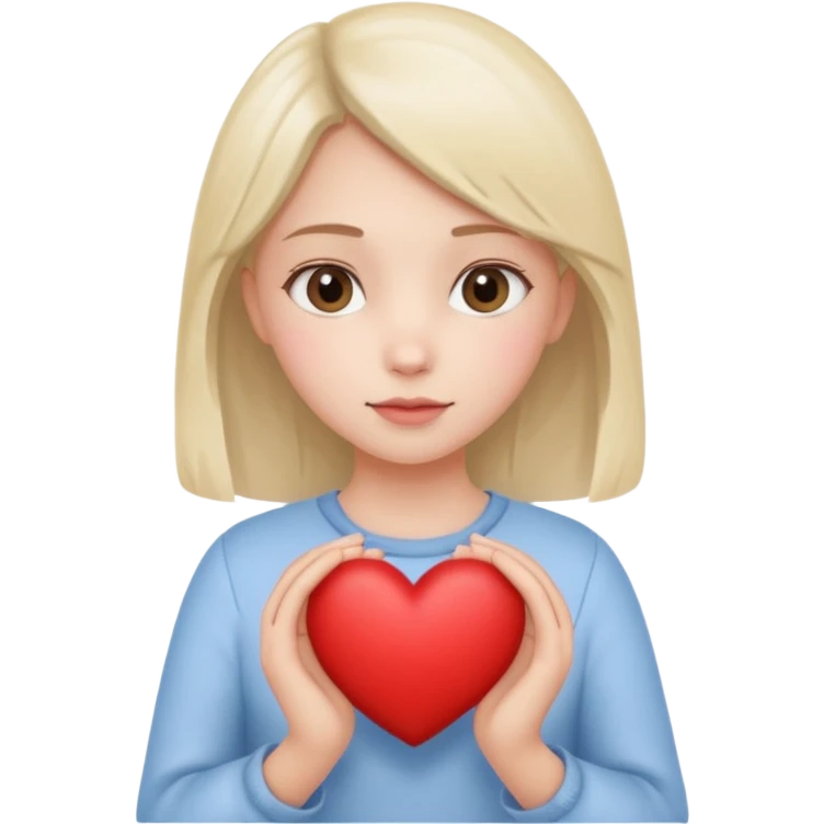 pure girl holding a heart in her hands, simple, clean, soft expression emoji