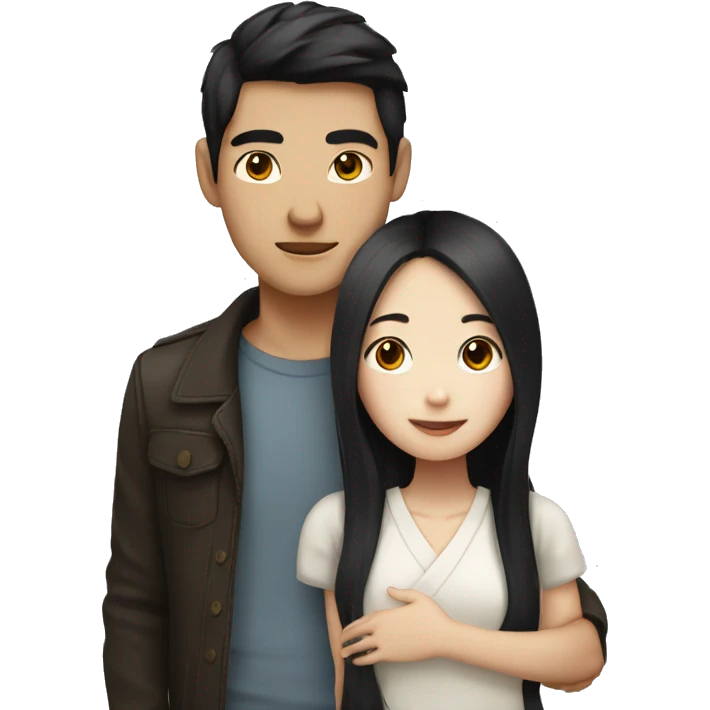 Asian girl with white skin, long dark hair and asian boy with white skin hug together  emoji