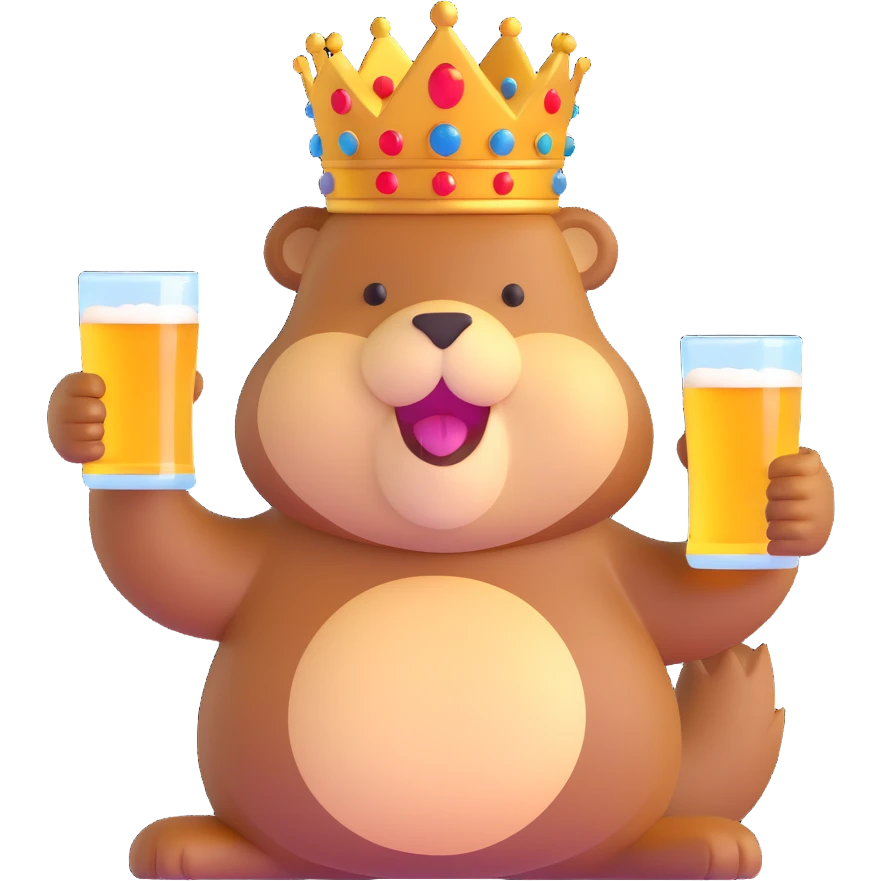 beaver with a crown on head holding a glass of beer emoji