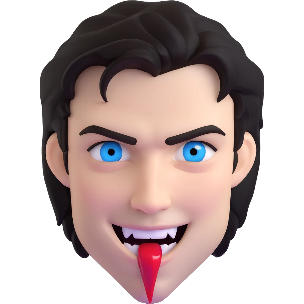 Damon Salvatore as a vampire with dark hair, blue eyes, fangs, smirking, subtle blood on lips emoji