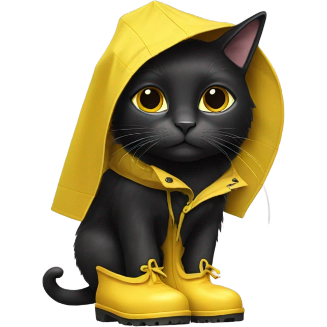Black cat wearing a yellow rain coat and rain boots emoji