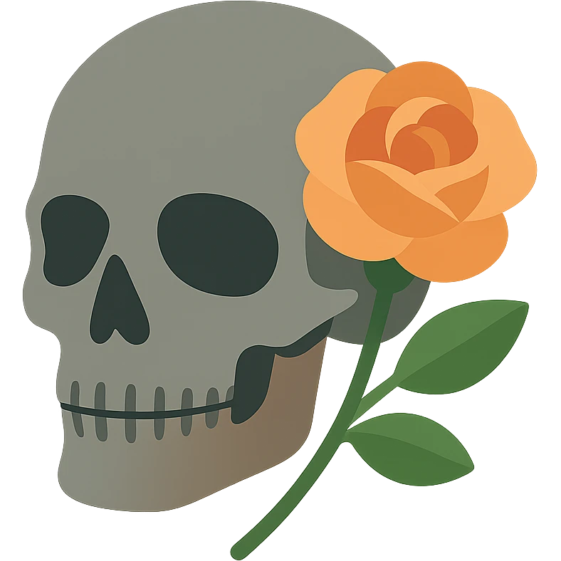 A dark, light grey skull with sharp, angular features and a mysterious, haunting aura, featuring a rose delicately placed in one of its hollow eye sockets. The skull is in shades of grey, accented with soft tones of golden orange (FA9B41), forest green (4A7C5C), muted taupe brown (96775A), and pastel peach (FFCC9A). The rose, vibrant in its peach and orange hues, contrasts with the cold, eerie grey of the skull, its petals unfurling gently around the eye socket. The background is dim and shadowy, with a faint, mystical glow illuminating the skull and rose, adding to the gothic and slightly surreal atmosphere. The scene feels both haunting and beautiful, with a touch of elegance. emoji