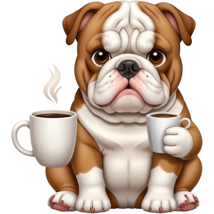 English bulldog sitting with a coffee cup emoji