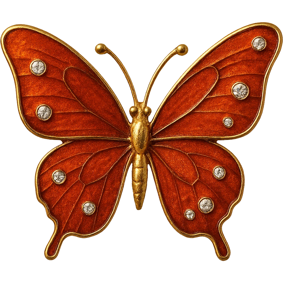 single burnt orange butterfly, deep orange enamel, sparkling gems, transparent background emoji