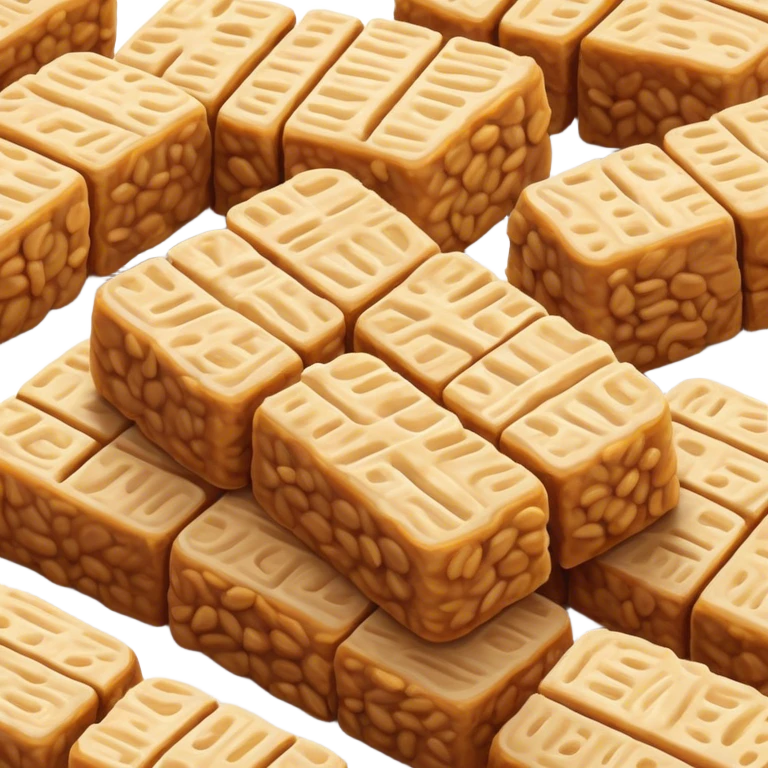 Tempeh Cinematic Realistic Tempeh Dish Emoji, depicted as crispy, sliced portions of fermented soy cake with a golden-brown finish, rendered with detailed textures and warm, inviting lighting. emoji