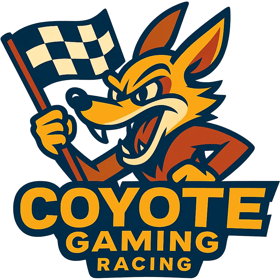 Coyote Gaming Racing logo in vibrant toon style, with a coyote character holding a racing flag emoji
