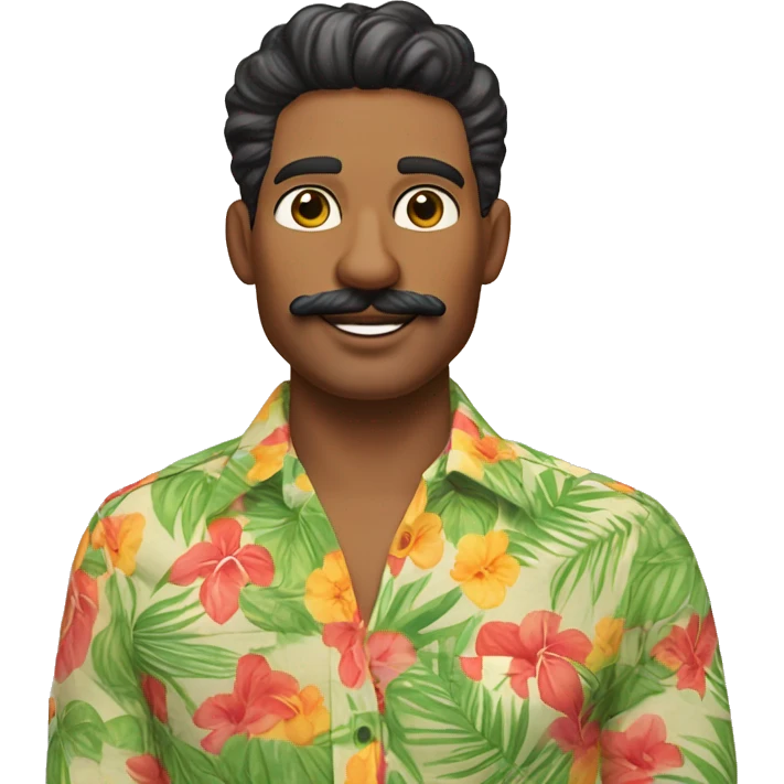 Non-binary Trader Joe's employee with tropical shirt and fancy moustache and brown hair. 34 years old. emoji