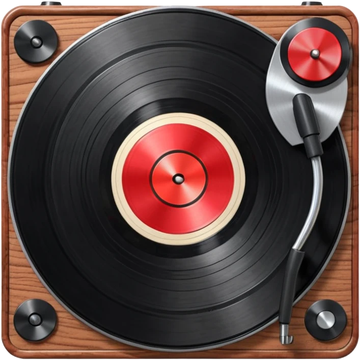3D render of Vinyl Record, vintage 1980s audio equipment aesthetic, tactile analog buttons, shiny black grooved disc with a red center label, mixed wood grain and brushed aluminum textures, Apple emoji style, isolated on white background --v 6.0 emoji