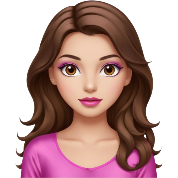 girl with long wavy brown hair, brown eyes, long lashes makeup, sexy pink lips, light to medium complexion, wearing a pink sexy silk top, emoji