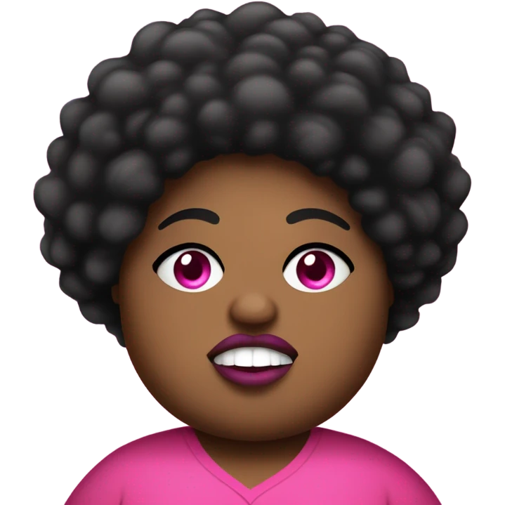 Mad chubby fat black women with a pink shirt that has a big eye ball on her right eye with a long pointy nose with a black short Afro with big lips emoji