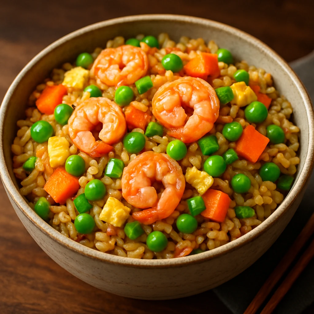 fried rice, appetizing, in a bowl, vibrant colors emoji
