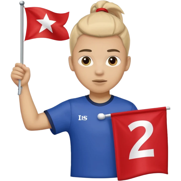 A pony tail hair boy holding a big team flag, waving it proudly with a determined expression. emoji