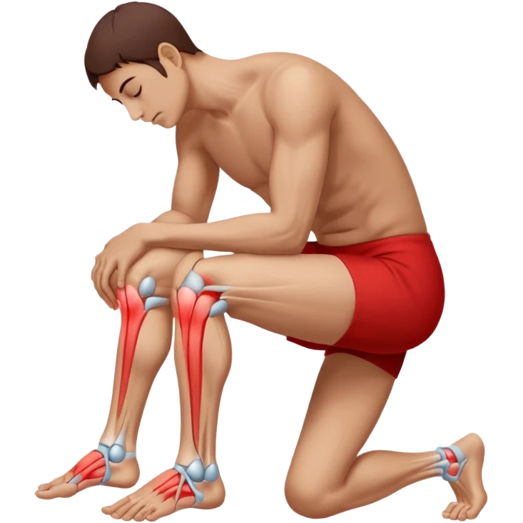 A person sitting and holding their knee, showing pain or inflammation. A red area highlights the joint to indicate soreness. Realistic photography style with clear detail on hands, knee, and muscle tension, plain white background for medical illustration use. emoji