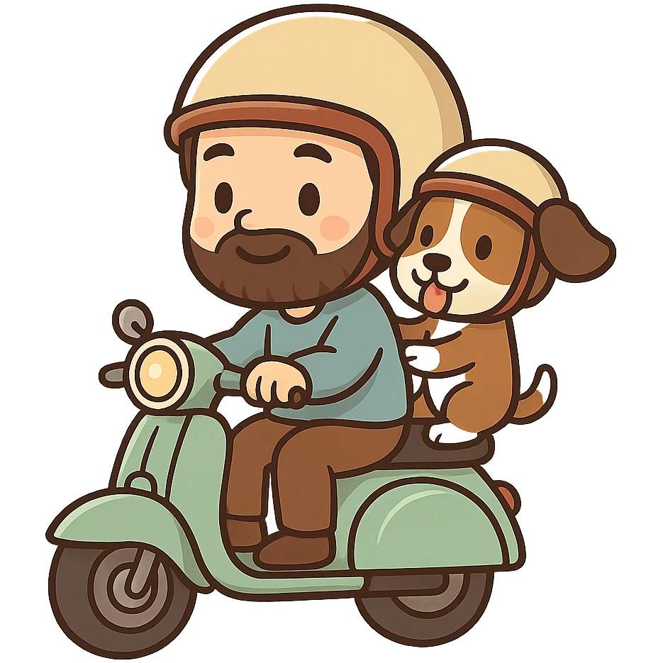 man and his pet dog riding a vespa emoji