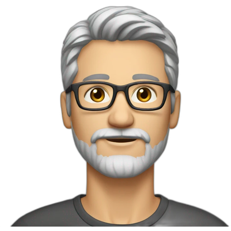 Caucasian man 40. brown eyes. short hair and short gray beard. disheveled without parting. black glasses emoji