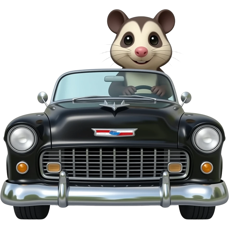 possum driving black 1955 chevy 3/4 view emoji