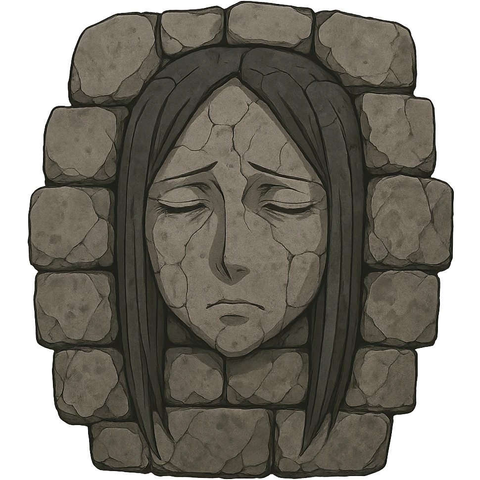 Nigredo's face from Overlord anime, merged into a stone wall, subtle facial features, anime style emoji