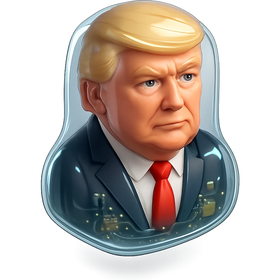 Donald Trump, glossy 3D caricature icon, facing forward, dark suit, white shirt, red tie, realistic facial features, smooth shadows, black background emoji