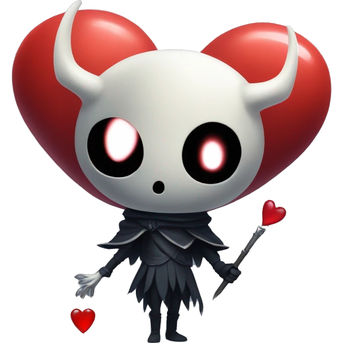 little hollow knight main character with big head and with a big red heart in his hands emoji