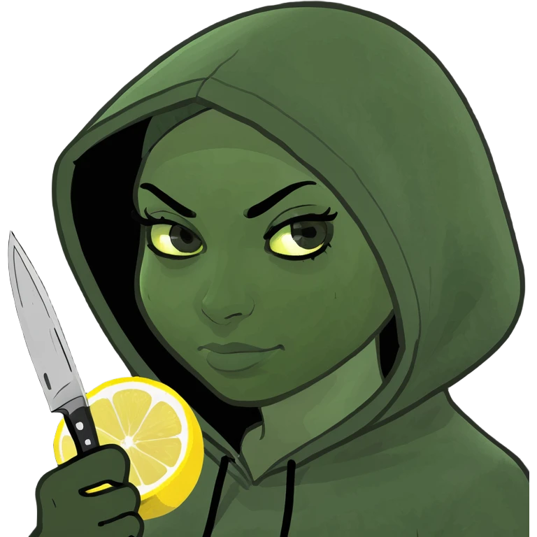 Create an emoji for a black hood princess with a knife and lemon juice emoji