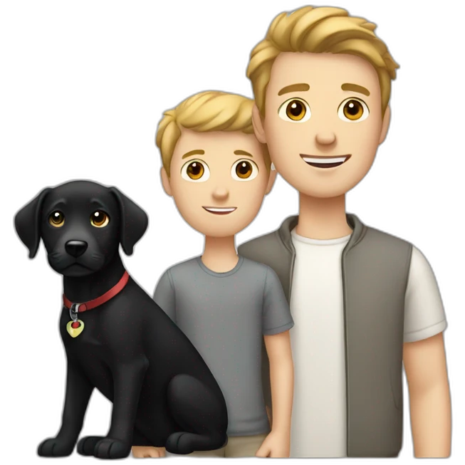 two white boys with one black labrador in the third place emoji