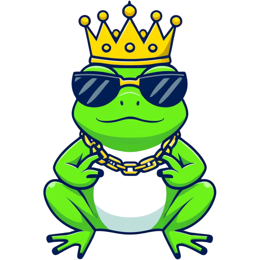 gangster frog wearing a gold crown smoking a blunt, cool sunglasses, gold chain emoji