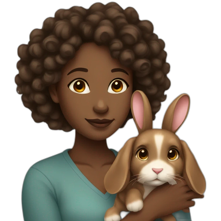 black woman long dark brown curly hair holding cute floppy eared light brown bunny emoji