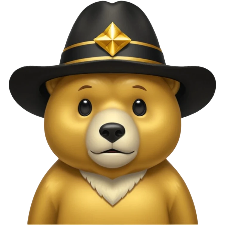 Oso dorado con sombrero negro  elegante y moño negro triste animatronico emoji