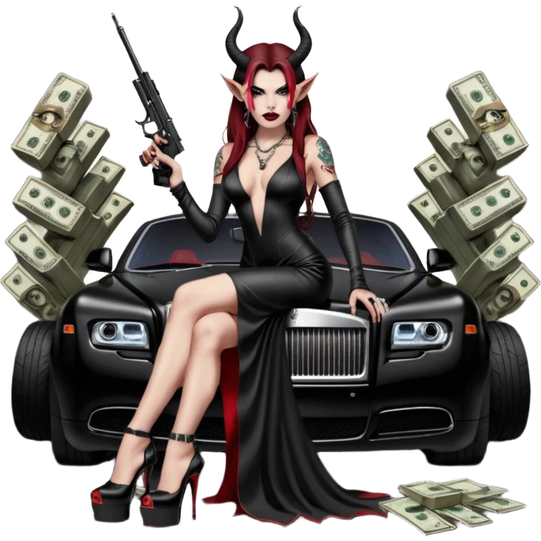Lilith model red eye sexy black  devil horns.  long brown haired sexy succubus woman with leather long dress slit, sitting on rolls Royce. Wearing Black Platform high heels on feet. Tattoo sleeve arms, she has stacks of cash and a man dead human skull is on top of stack of cash and a gun in  hand emoji