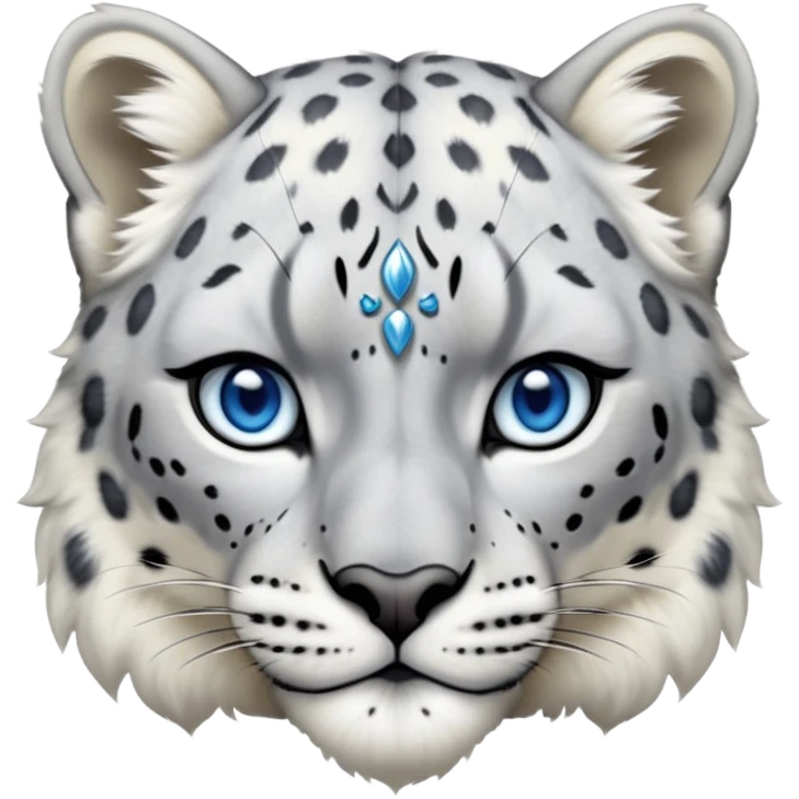 Cinematic-Noble-Snow-Leopard-Portrait-Emoji – Poised and majestic, with a muscular, agile build and a beautifully patterned coat of soft white and grey fur, marked with striking rosettes, deep-set, intelligent icy blue eyes, simplified yet sharp and sophisticated zoomed out showing the shoulders emoji